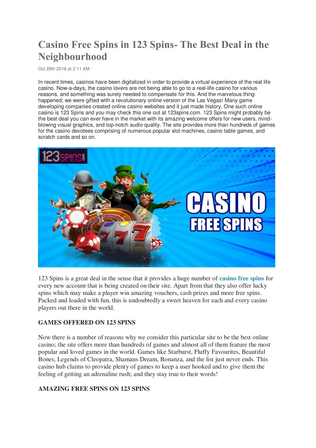 casino free spins in 123 spins the best deal