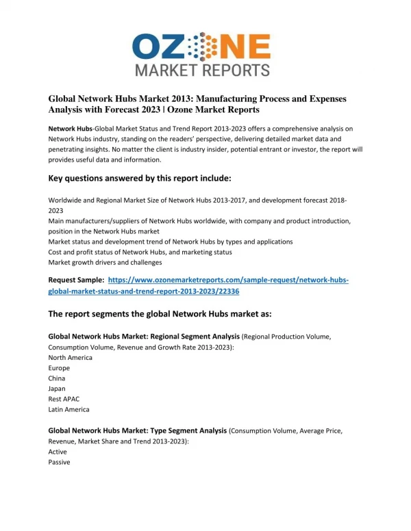 Global Network Hubs Market 2013: Manufacturing Process and Expenses Analysis with Forecast 2023 | Ozone Market Reports