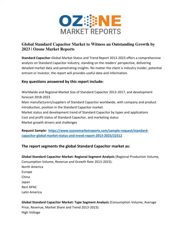 Global Standard Capacitor Market to Witness an Outstanding Growth by 2023 | Ozone Market Reports