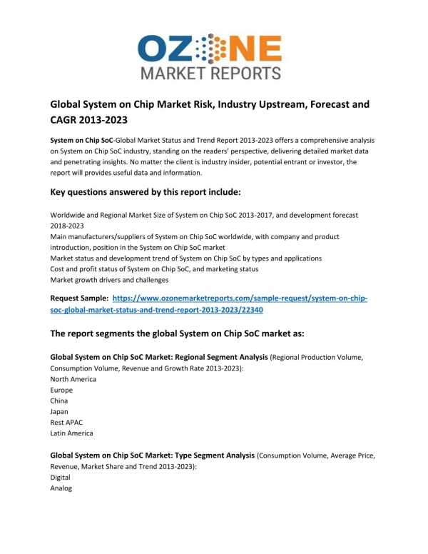 Global System on Chip Market Risk, Industry Upstream, Forecast and CAGR 2013-2023 | Ozone Market Reports