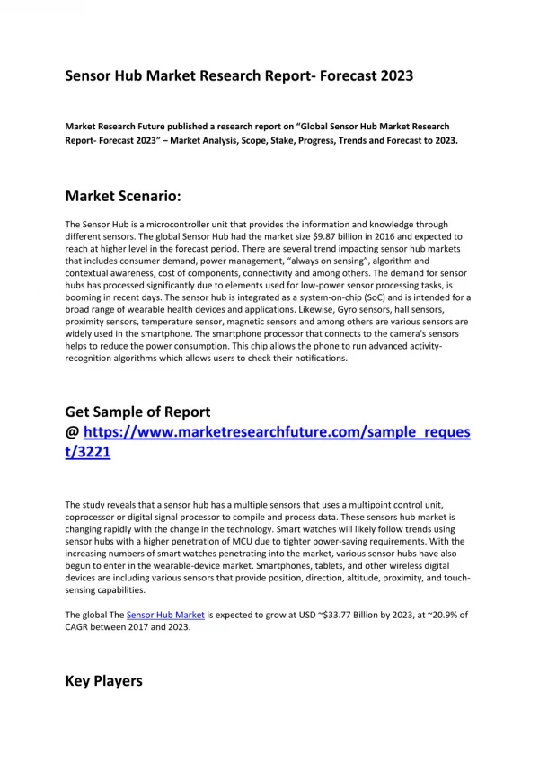 Sensor Hub Market Research Depth Study and Gross Margin Analysis till 2023