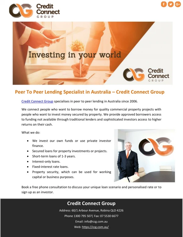 Peer To Peer Lending Specialist in Australia – Credit Connect Group