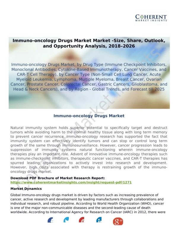 Immuno-oncology Drugs Market Market -Size, Share, Outlook, and Opportunity Analysis, 2018–2026