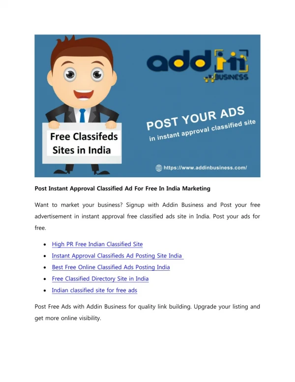 Post Instant Approval Classified Ad For Free In India Marketing