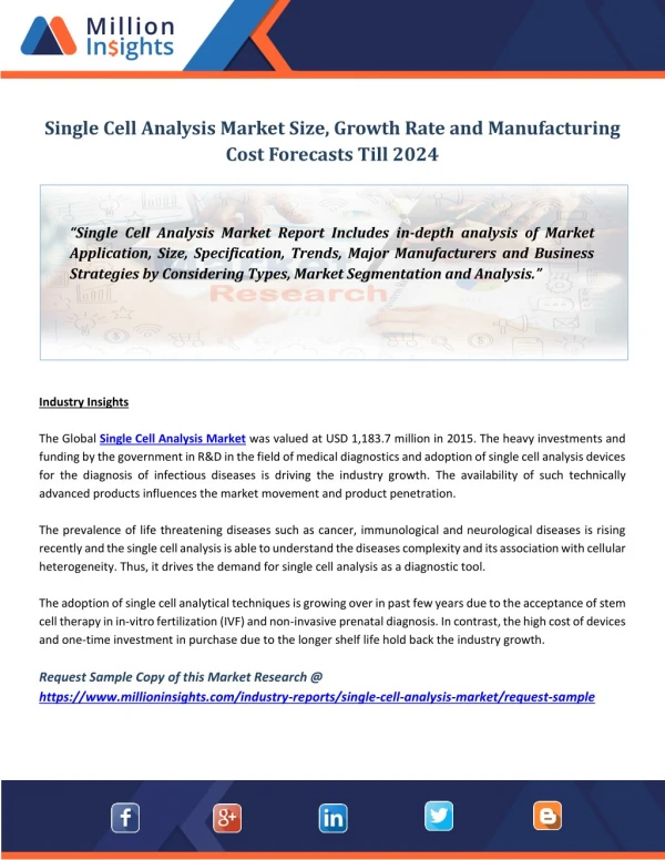 Single Cell Analysis Market Size, Growth Rate and Manufacturing Cost Forecasts Till 2024