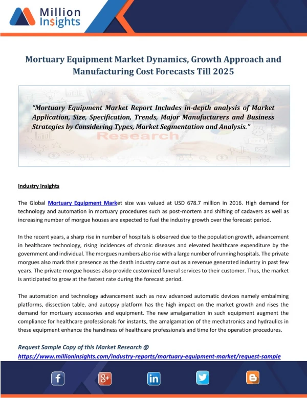 Mortuary Equipment Market Dynamics, Growth Approach and Manufacturing Cost Forecasts Till 2025