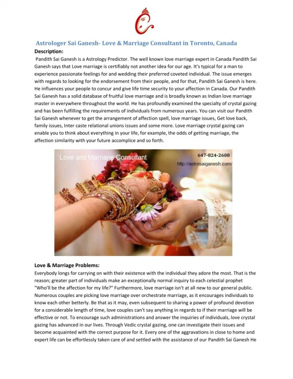 Astrologer Sai Ganesh- Love & Marriage Consultant in Toronto, Canada