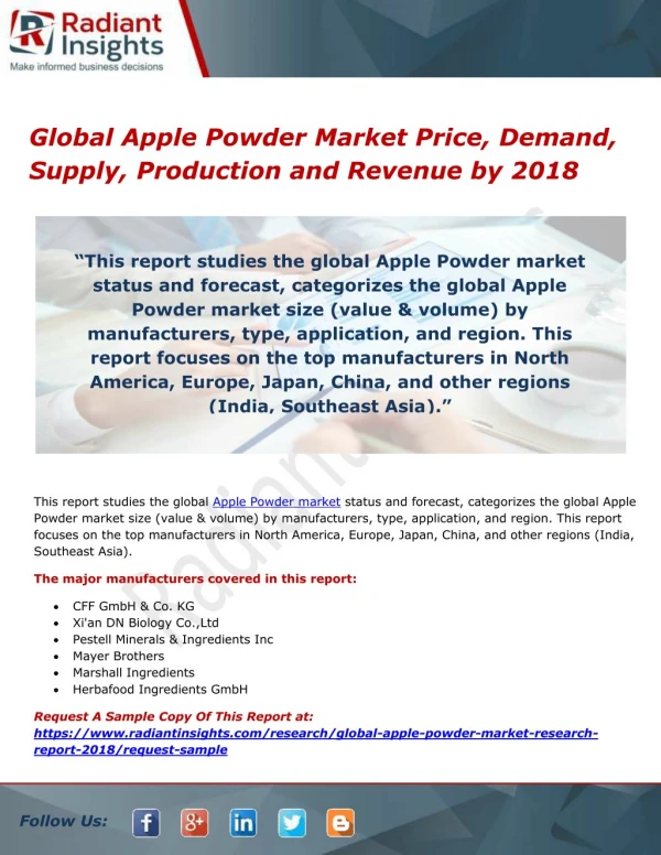 Global Apple Powder Market Price, Demand, Supply, Production and Revenue by 2018