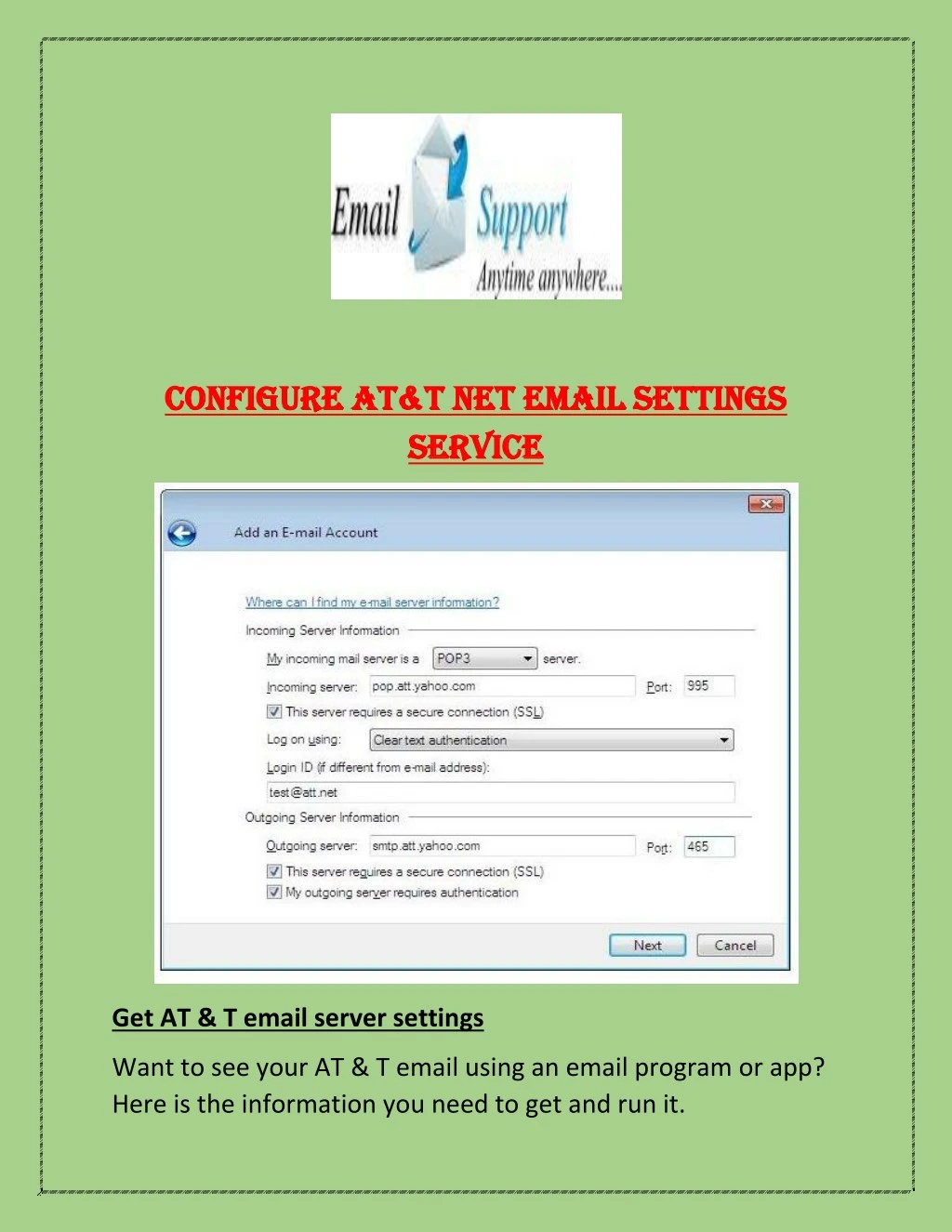 c configure at t net email settings onfigure
