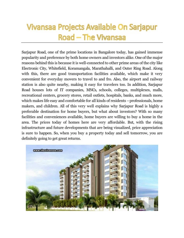Vivansaa Projects Available On Sarjapur Road - The Vivansaa
