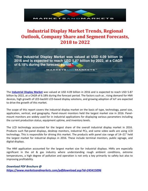 Industrial Display Market Trends, Regional Outlook, Company Share and Segment Forecasts, 2018 to 2022