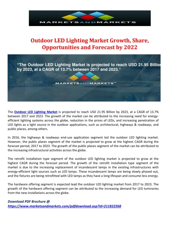 Outdoor LED Lighting Market Growth, Share, Opportunities and Forecast by 2022