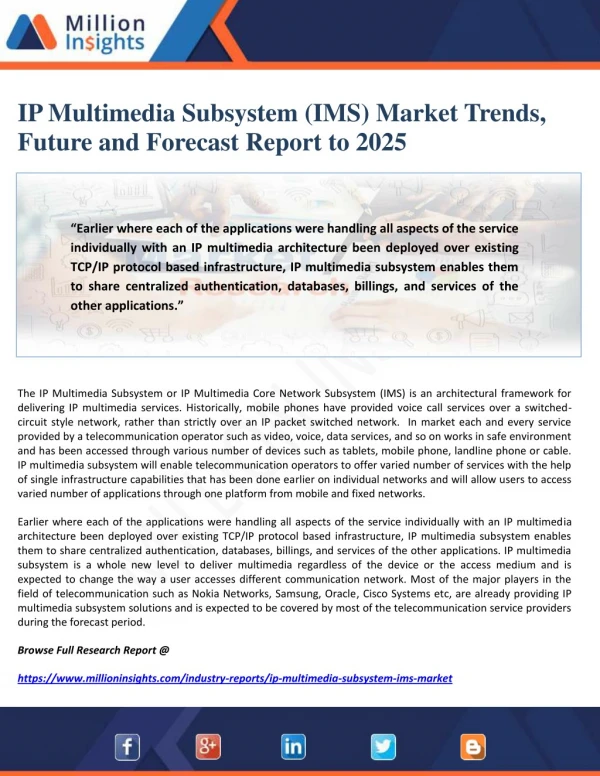 IP Multimedia Subsystem (IMS) Market Trends, Future and Forecast Report to 2025