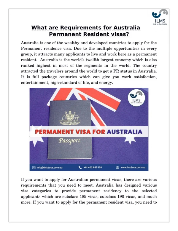 What are Requirements for Australia Permanent Resident visas?