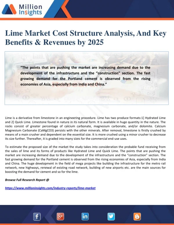 Lime Market Cost Structure Analysis, And Key Benefits & Revenues by 2025