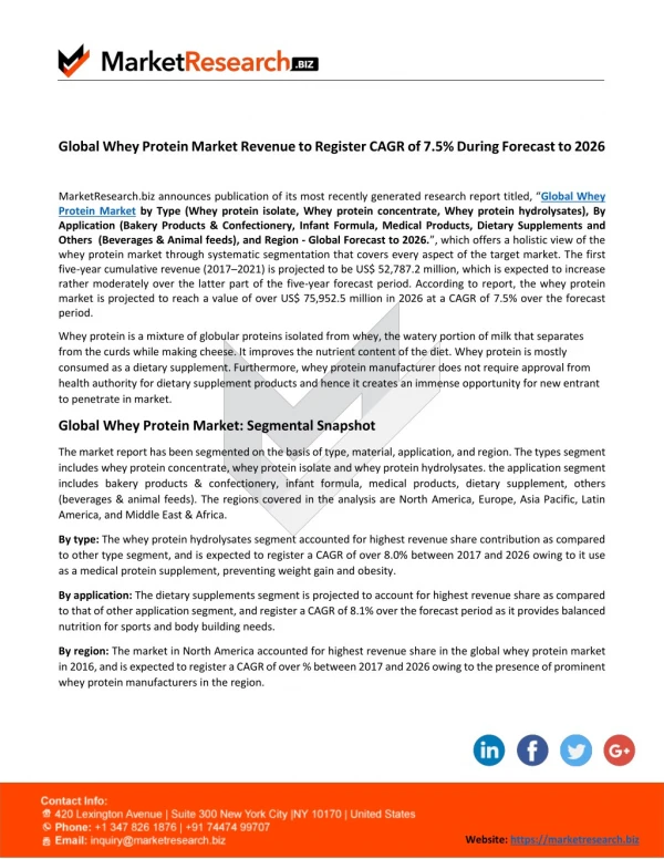 Global Whey Protein Market Revenue to Register CAGR of 7.5% During Forecast to 2026