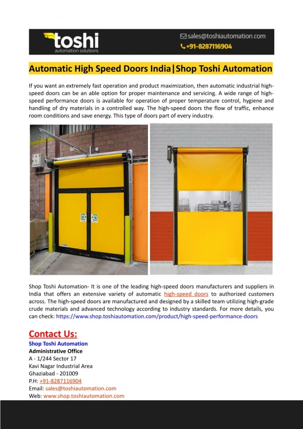 Automatic High Speed Doors India-Shop Toshi Automation