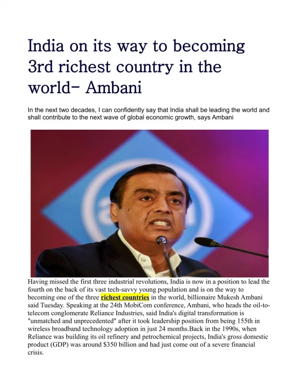 India on its way to becoming 3rd richest country in the world ambani