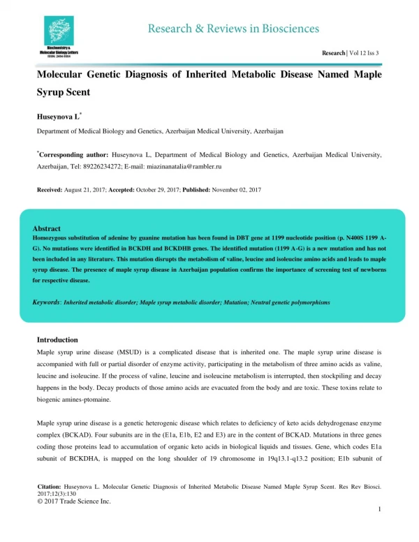 Molecular Genetic Diagnosis of Inherited Metabolic Disease Named Maple Syrup Scent