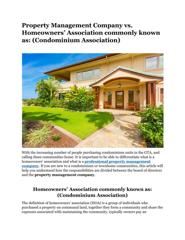 Property Management Company vs. Homeowners’ Association commonly known as: (Condominium Association)