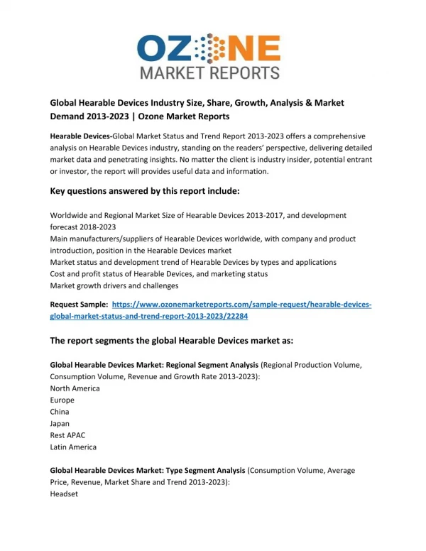Global Hearable Devices Industry Size, Share, Growth, Analysis & Market Demand 2013-2023 | Ozone Market Reports