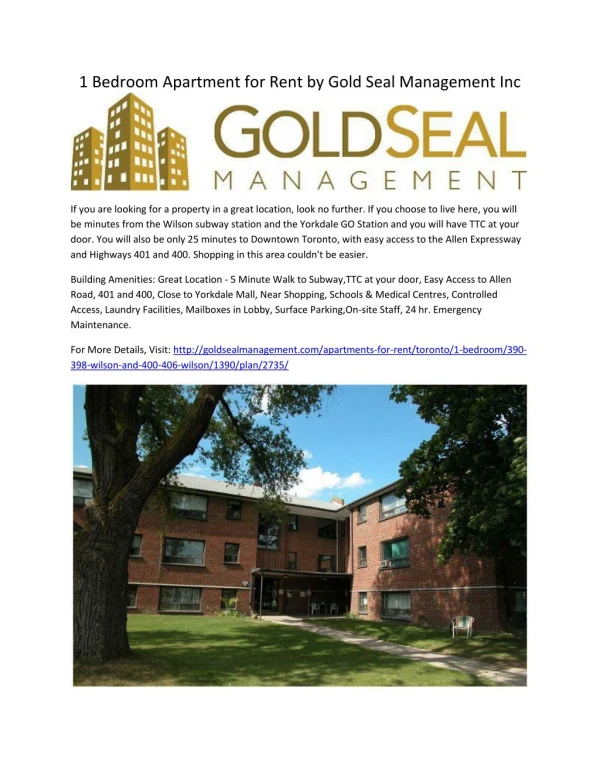 1 Bedroom Apartment for Rent by Gold Seal Management Inc