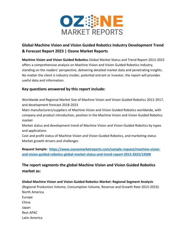 Global Machine Vision and Vision Guided Robotics Industry Development Trend & Forecast Report 2023 | Ozone Market Report