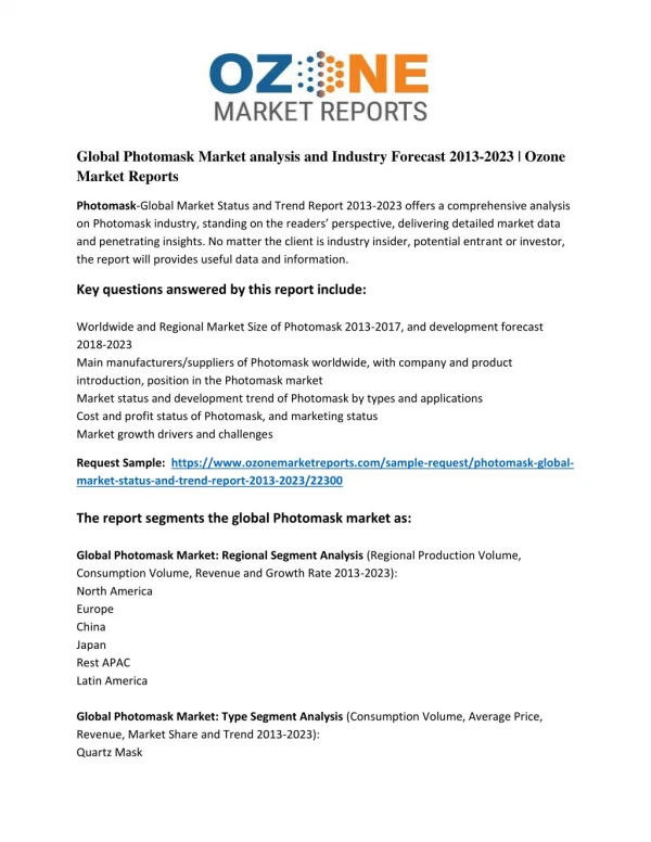 Global Photomask Market analysis and Industry Forecast 2013-2023 | Ozone Market Reports