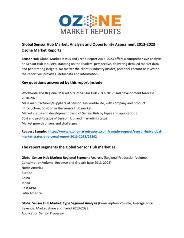 Global Sensor Hub Market: Analysis and Opportunity Assessment 2013-2023 | Ozone Market Reports
