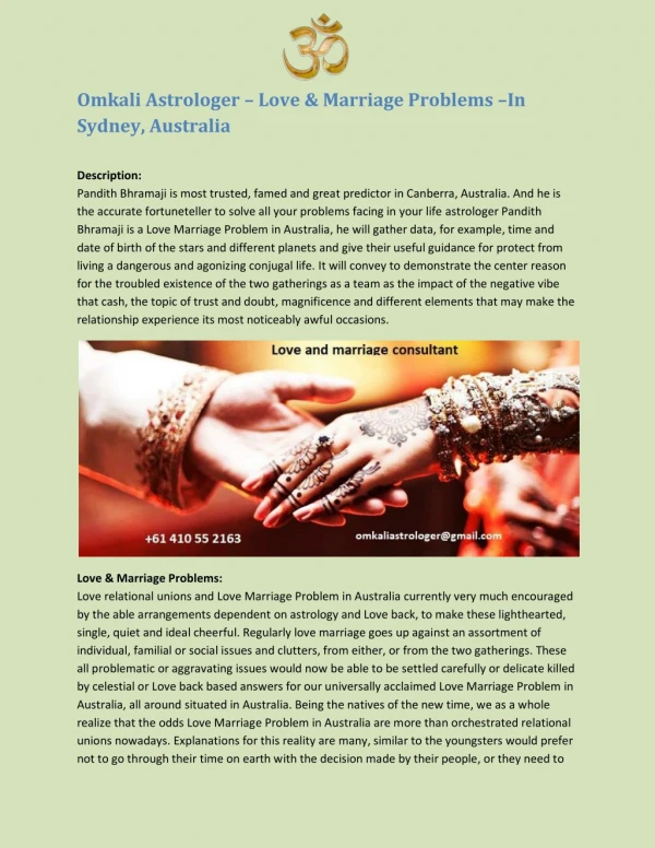Omkali Astrologer – Love & Marriage Problems –In Sydney, Australia