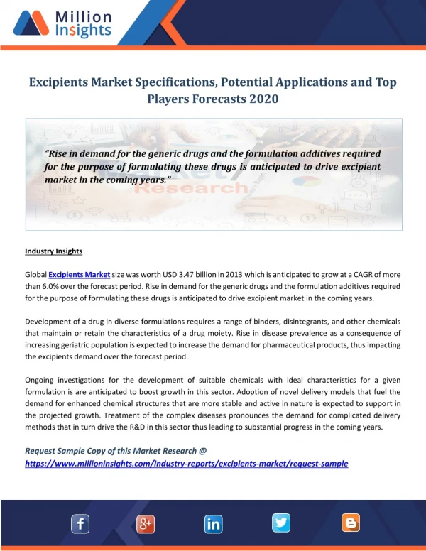 Excipients Market Specifications, Potential Applications and Top Players Forecasts 2020
