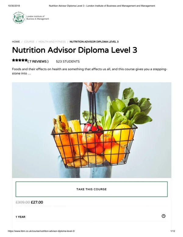Nutrition Advisor Diploma Level 3 - LIBM