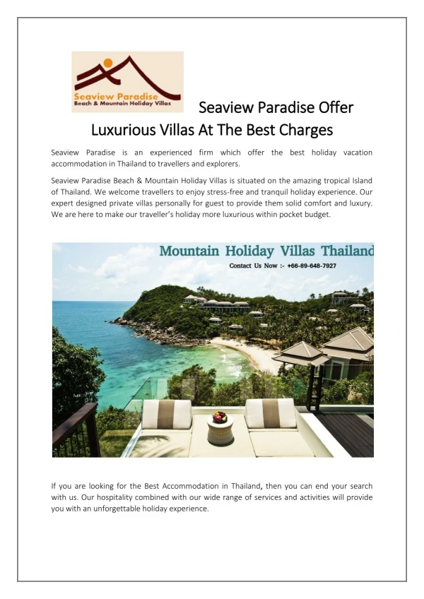 Seaview Paradise Offer Luxurious Villas At The Best Charges