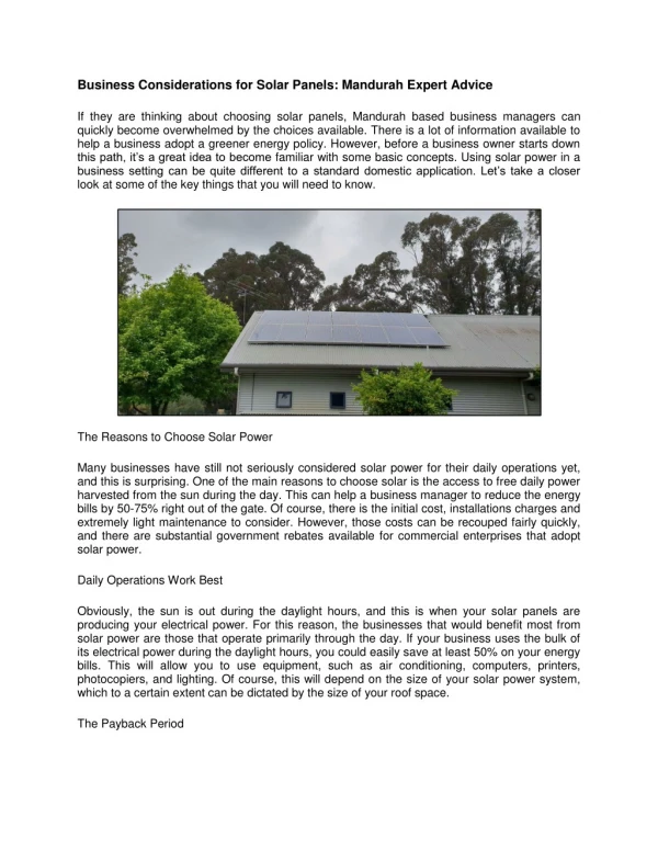 Business Considerations for Solar Panels: Mandurah Expert Advice