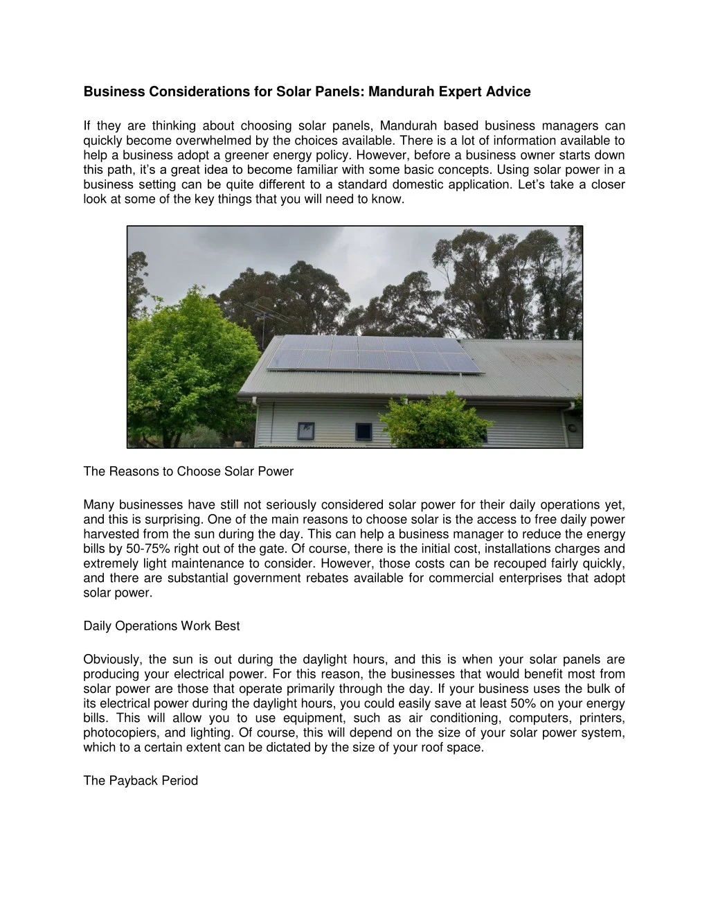business considerations for solar panels mandurah