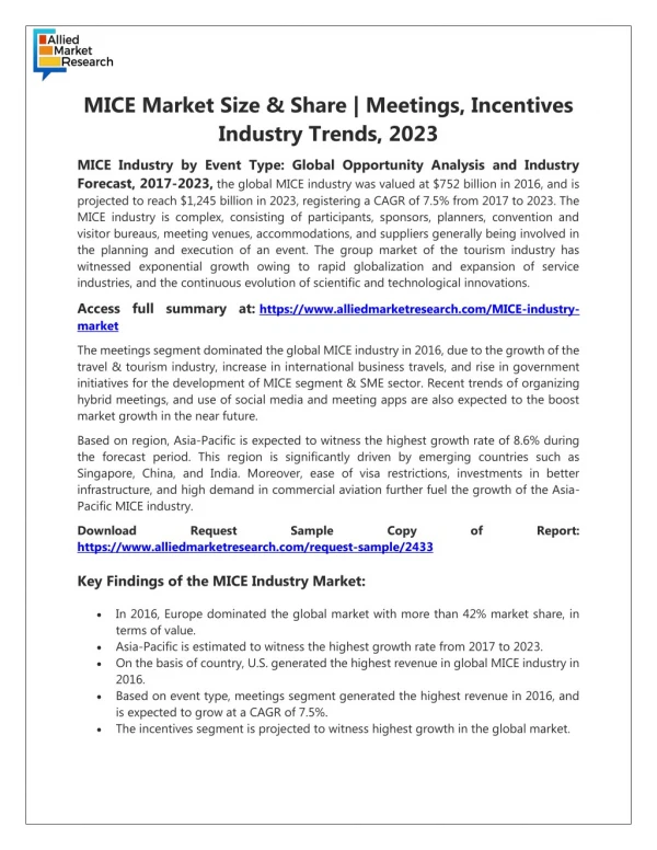 Top Investment Pockets MICE Industry Forecast 2018-2023