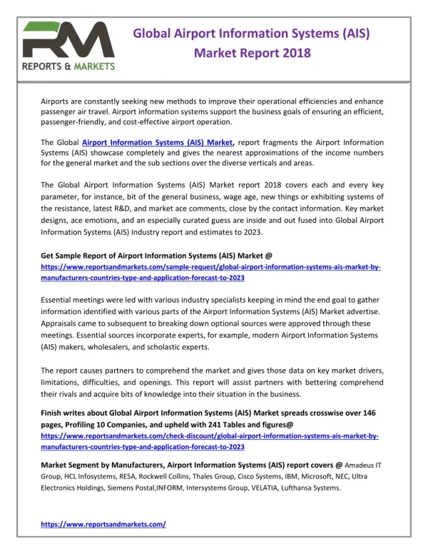 Airport Information Systems (AIS) Market by Manufacturers, Countries, Type and Application, Forecast to 2023