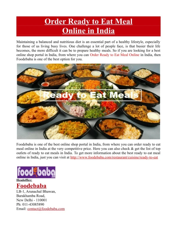 Order Ready to Eat Meal Online in India
