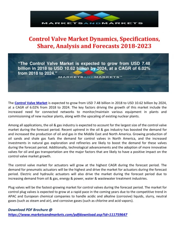 Control Valve Market Dynamics, Share, Specifications, Analysis and Forecasts 2018-2023