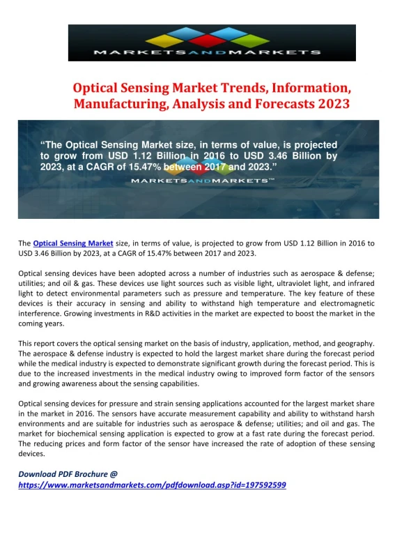 Optical Sensing Market Trends, Information, Manufacturing, Analysis and Forecasts 2023