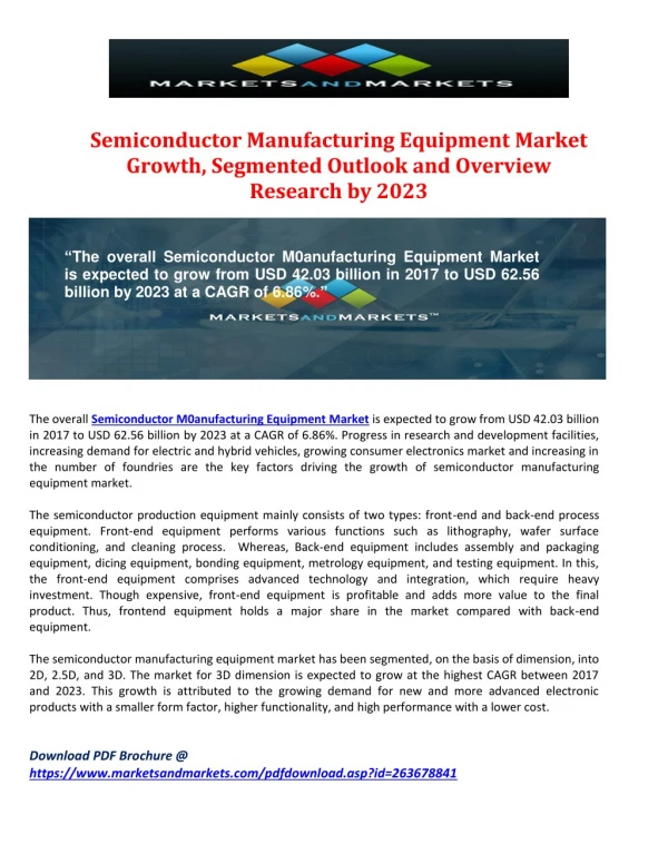 Semiconductor Manufacturing Equipment Market Growth, Segmented Outlook And Overview Research by 2023