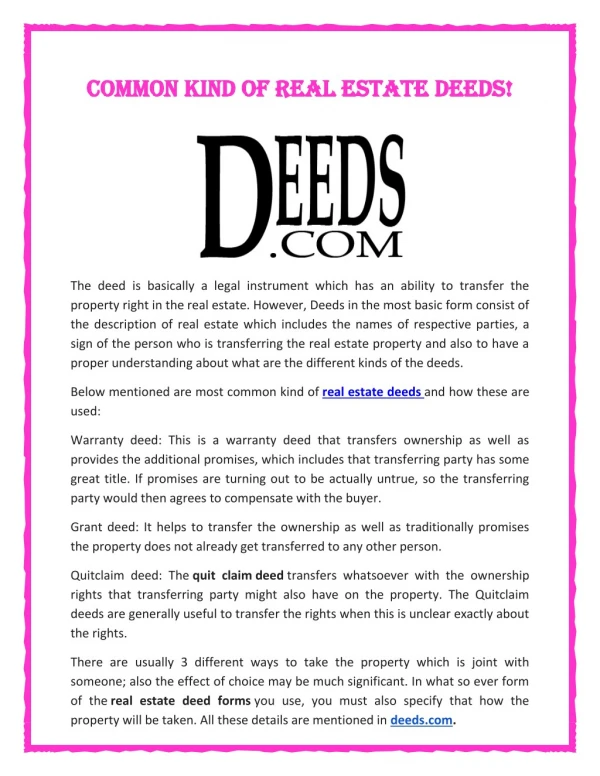 Common kind of Real estate Deeds