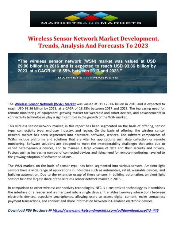 Wireless Sensor Network Market Trends, Development, Analysis And Forecasts To 2023