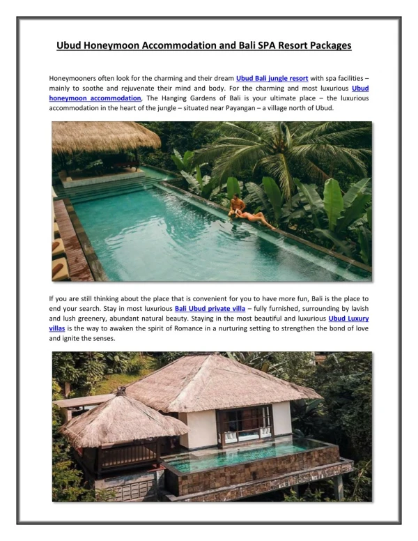 Ubud Honeymoon Accommodation and Bali SPA Resort Packages