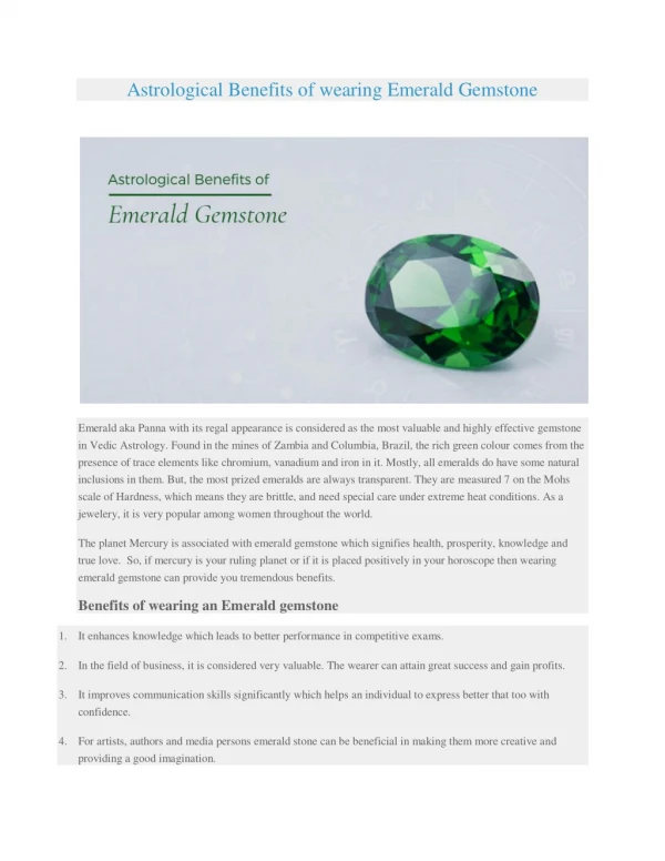 Astrological Certified Benefits of wearing Emerald Gemstone - Gemkart