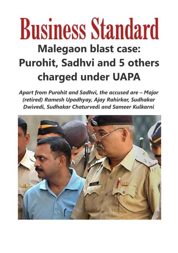 Malegaon blast case: Purohit, Sadhvi and 5 others charged under UAPA