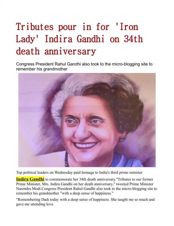 Tributes pour in for 'Iron Lady' Indira Gandhi on 34th death anniversary