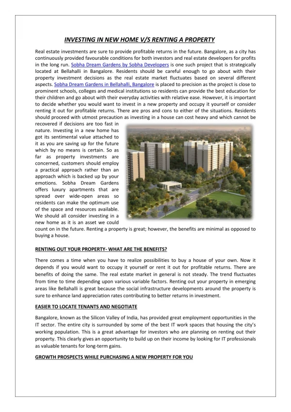 Investing In A New Home Versus Renting Out Your Property : Sobha Dream Gardens in Bellahalli