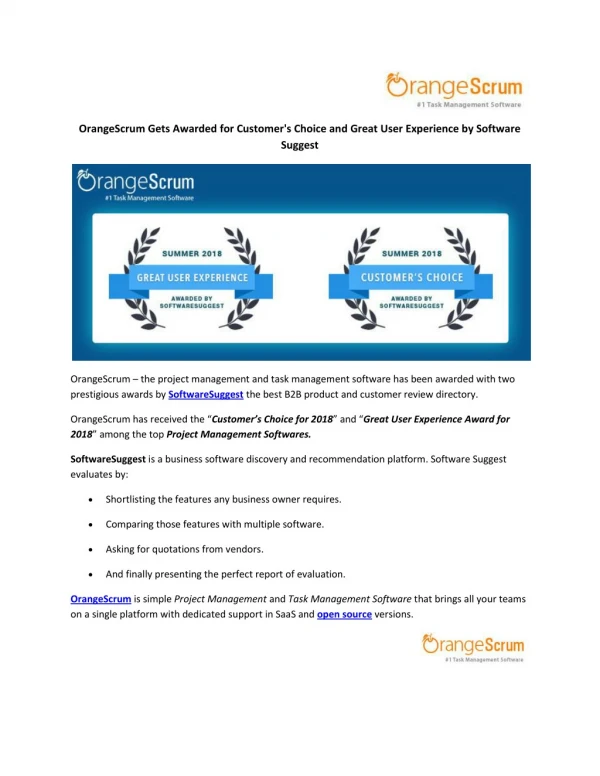 OrangeScrum Gets Awarded for Customer's Choice and Great User Experience by SoftwareSuggest