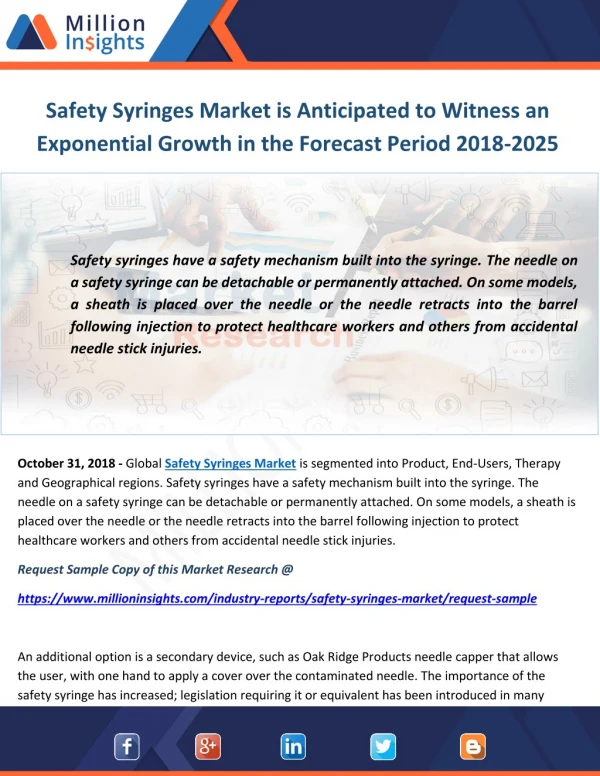 Safety Syringes Market is Anticipated to Witness an Exponential Growth in the Forecast Period 2018-2025